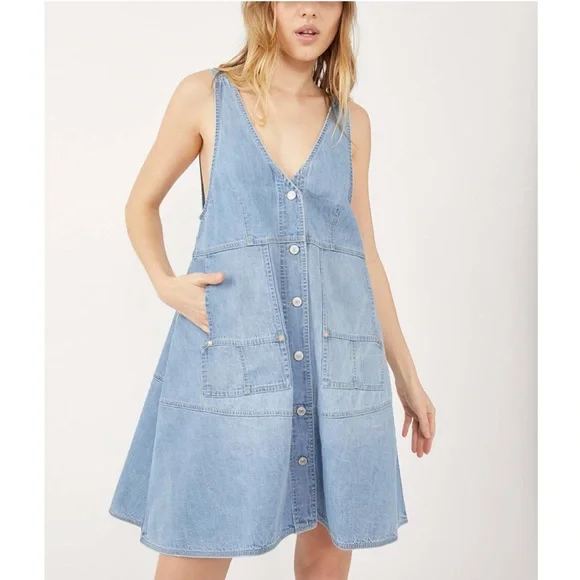 FREE PEOPLE Blue Bloom Pocket Full of Sunshine Denim Button-Up Shift Dress M - Picture 8 of 9